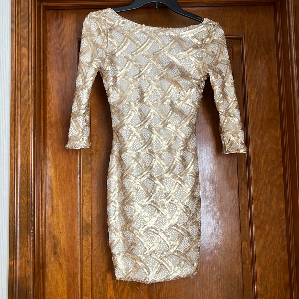 size- XS gold formal dress, quarter sleeves, low back, short dress